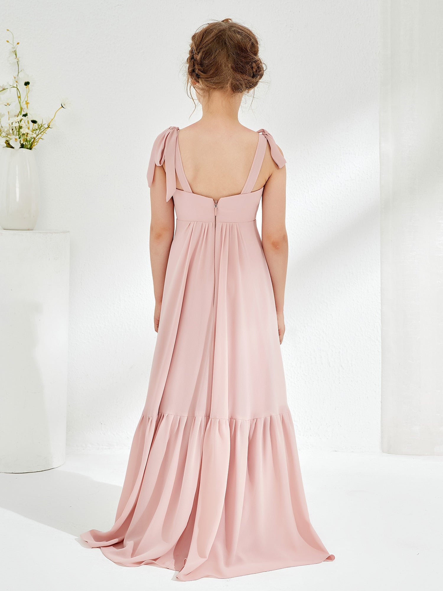 Elegant A-Line Bow Ruffle Junior Bridesmaid Dresses Dusty Rose